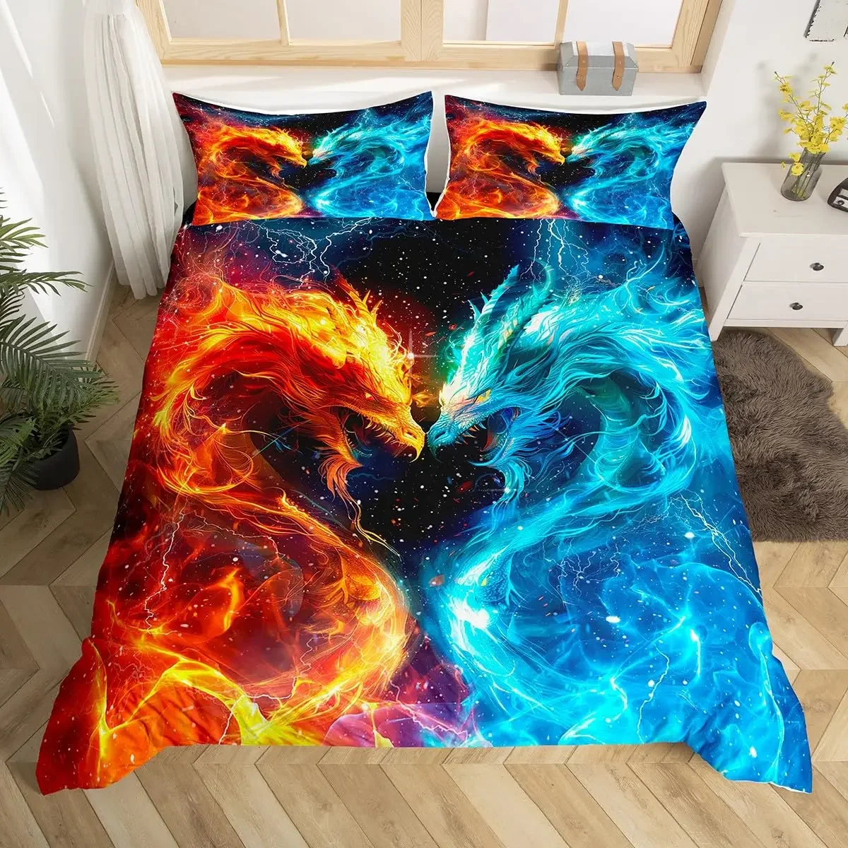 Fire Dragon Duvet Covers for Kids Teens Queen King Size Lightweight Quilt Covers Mythical Animals Pattern Bedding Set Room Decor