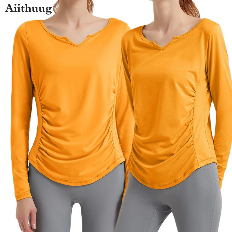 

Aiithuug V-Neck Waist Ruched Curved Hem Yoga Tops Women's Long Sleeves High Elasticity Breathable Workout Pilates Gym Cover-up