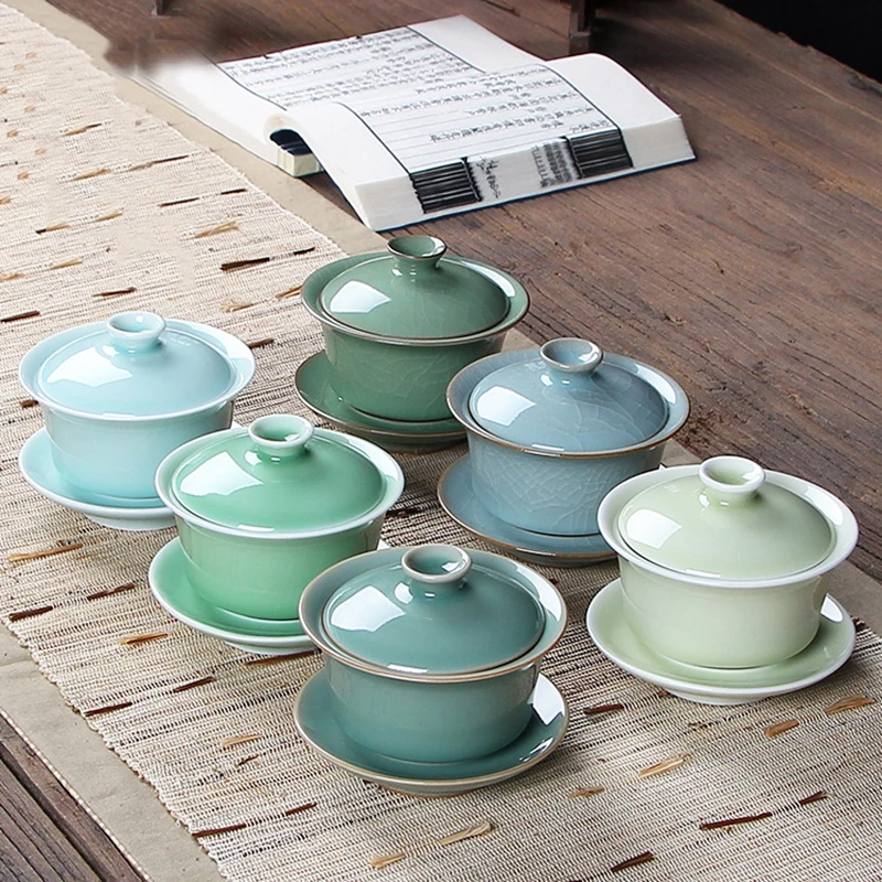 tea set Gaiwan Longquan Celadon Kung Fu Tea Set Three Talents Ge Kiln Open Slices Ceramic Tea Bowl Hand Grab Covered Bowl
