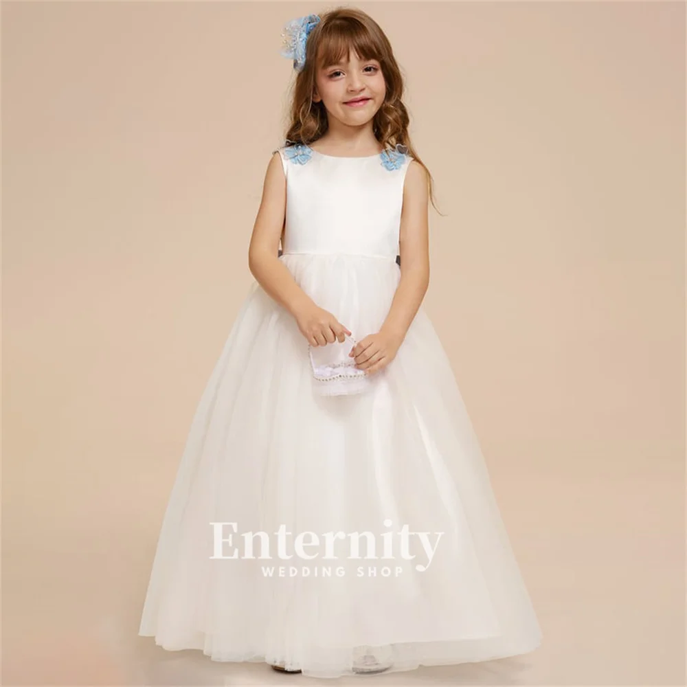 

Flower Girl Dresses A Line Scoop Neck Girls Elegant Dresses Floor-Length Satin Tulle Wedding Dresses Vestidos Para Niñas