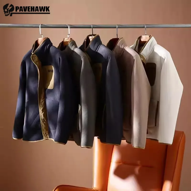 

Outdoor Casual Thicken Men Jacket Quality Double Sided Fleece Retro Warm Coat Windproof Stand Collar Outwear Pocket Color Block