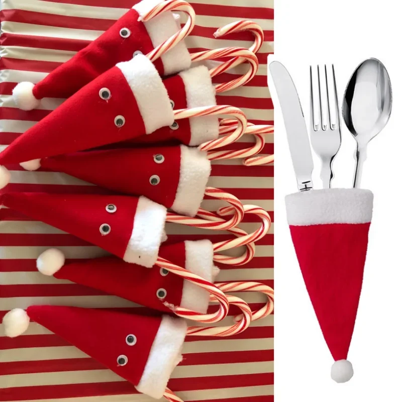 30pcs Christmas Hats Tableware Knife Fork Set Holder Pocket Bag Kitchen Dinnerware Wine Bottle Xmas Hat Xmas Party Decorations