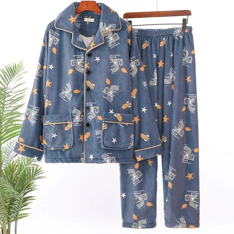 2024 New Pajama Men Long-sleeved Coral Fleece V-neck Autumn Winter Sleepwear Young Middle-aged Flannel Large Size Homewear Suit