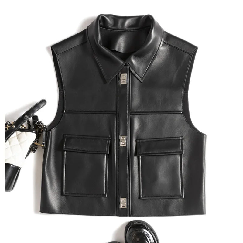 Elegant Intellectual Lapel Vest Women Femme 100% Leather Black Beige Slim Waistcoat Mujer Sweater Manteau Sleeveless Jacket