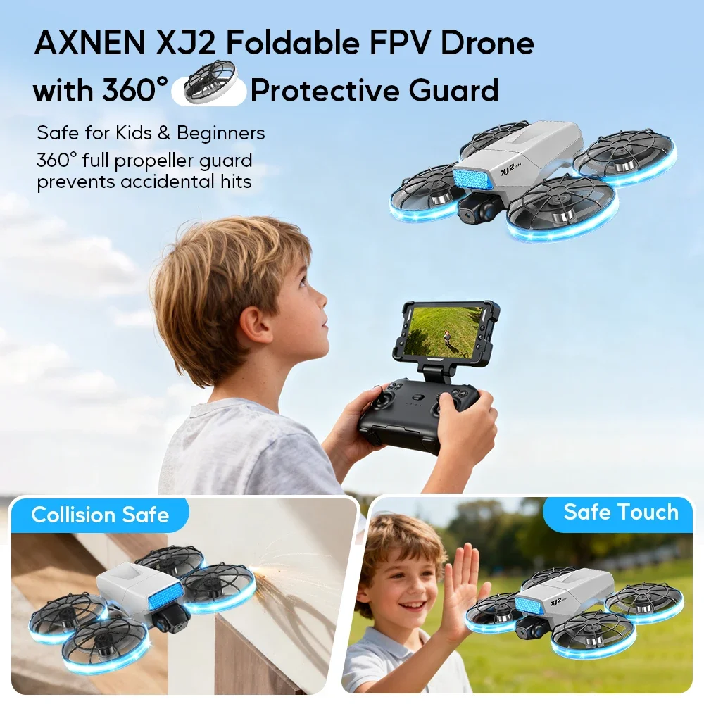 Drone jouet enfant avec caméra posé au sol, télécommandé, stabilisateur visible, prêt pour le vol stationnaire.