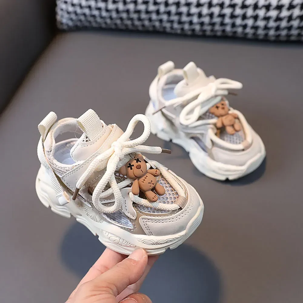 New 2024 Kids Mesh Breathable Sneakers Boys Girls Sport Shoes Korean Style Cute Bear Toddler Shoes Children's Outdoor Footwear new tulle cute maternity dresses for baby showers party long pregnancy photoshoot prop mesh pregnant women photography maxi gown