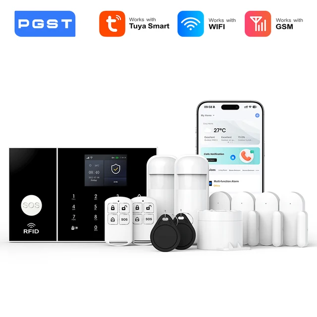 PGST Security Alarm System for Home GSM WIFI Alarm Host with Door and Motion Sensor Tuya Smart App control