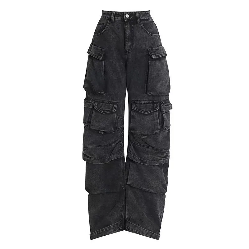Korean Pocket Solid Overalls Jeans Women's Y2K Street Retro Loose Wide-Leg Overalls Couple Casual Mopping Jeans Pants Women Y2k