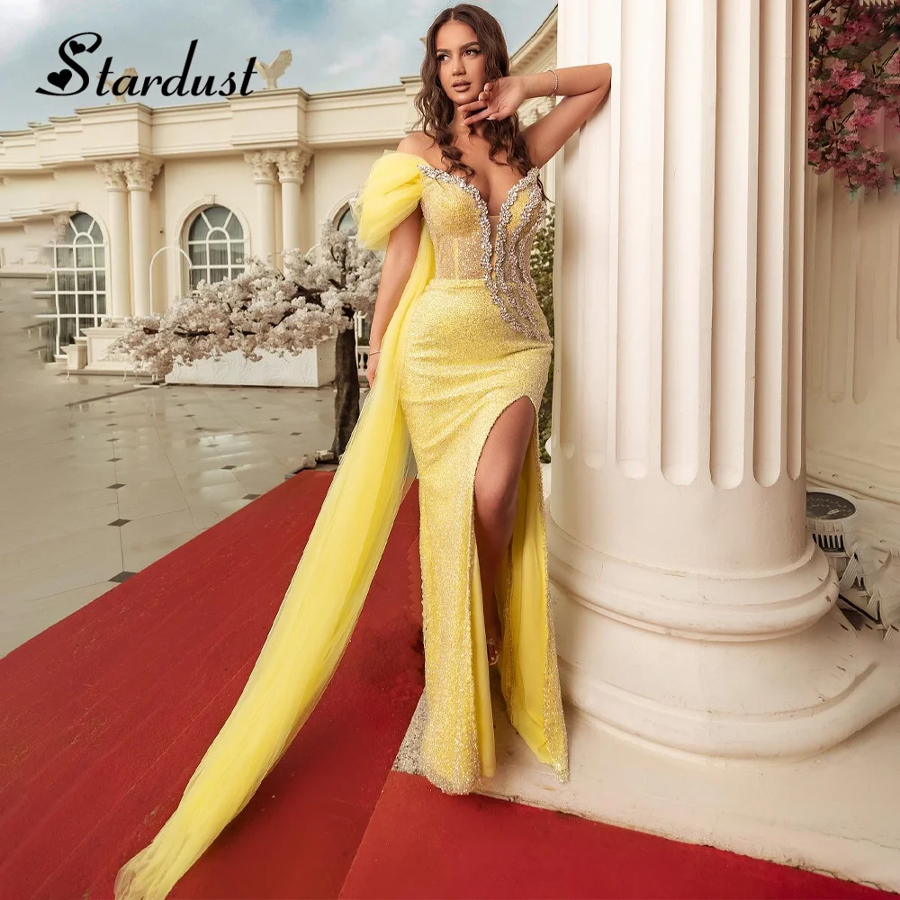 

Stardust Attractive Luxury Evening Dresses One-Shoulder V-Neck Diamonds Tulle Ribbons Side Slit Saudi Arabric Vestidos Fiesta