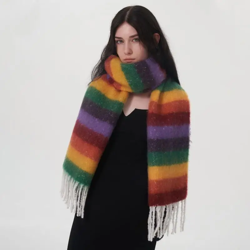 

1Pc 35X214Cm Women Ins Style Autumn Winter Warm Thickened Fashion Scarf Colorful Striped Tassel All-Match Decorative Scarf