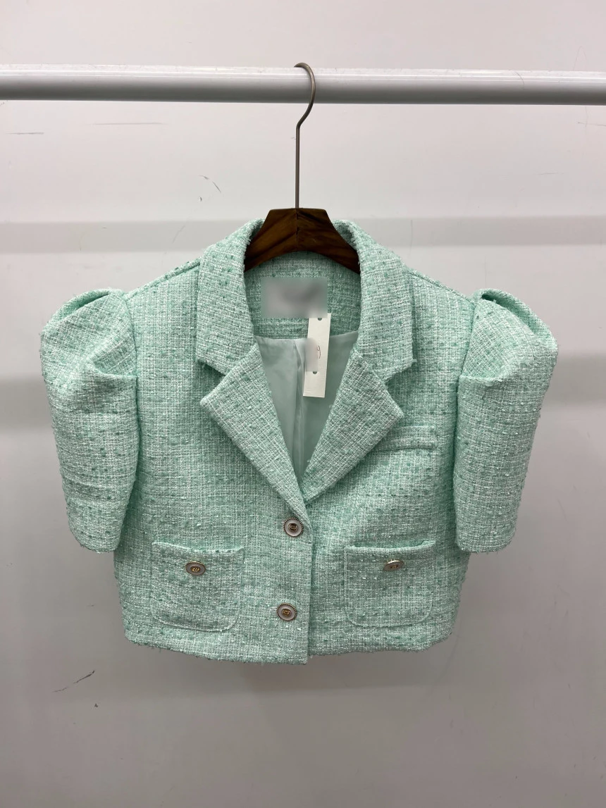 ジャケット・アウター Louren summer tweed puffsleeve blouson Korea Temperament White Tweed Short Puff Sleeve Jacket Crop