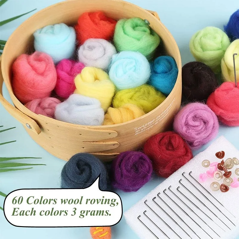 60Colors Wool Felting Kit With Instruction And Felting Needles for Beginner Doll Making DIY Handmade Craft Tool Set