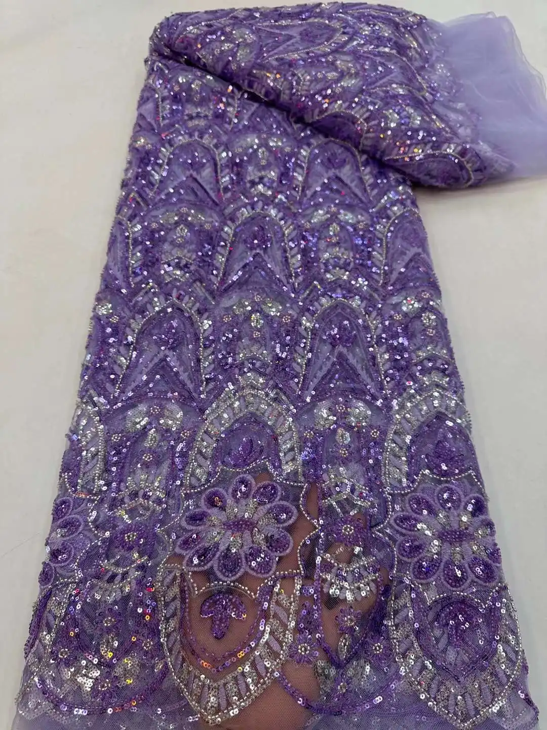 

High Quality Lace Fabric Beaded Tube Sequins Embroidered Dandelion Flower French Tulle Mesh Design Sewing Wedding Dress 5 Yards