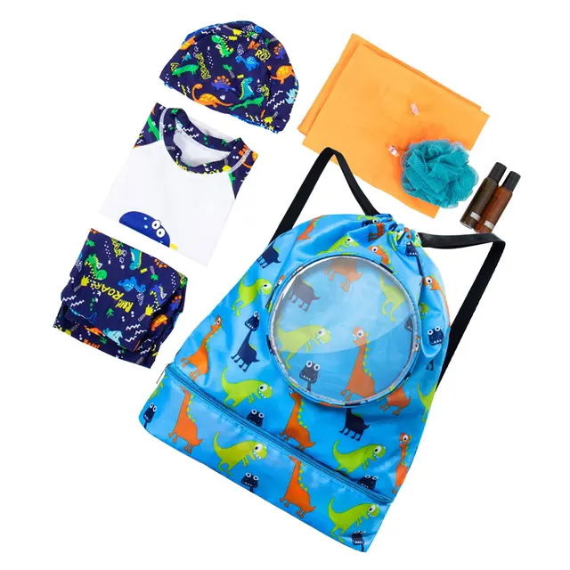 Zaino Sportivo Impermeabile Bambini - Borsa Piscina Con Scomparto Umido/Asciutto, Design Dinosauro - Foto 6