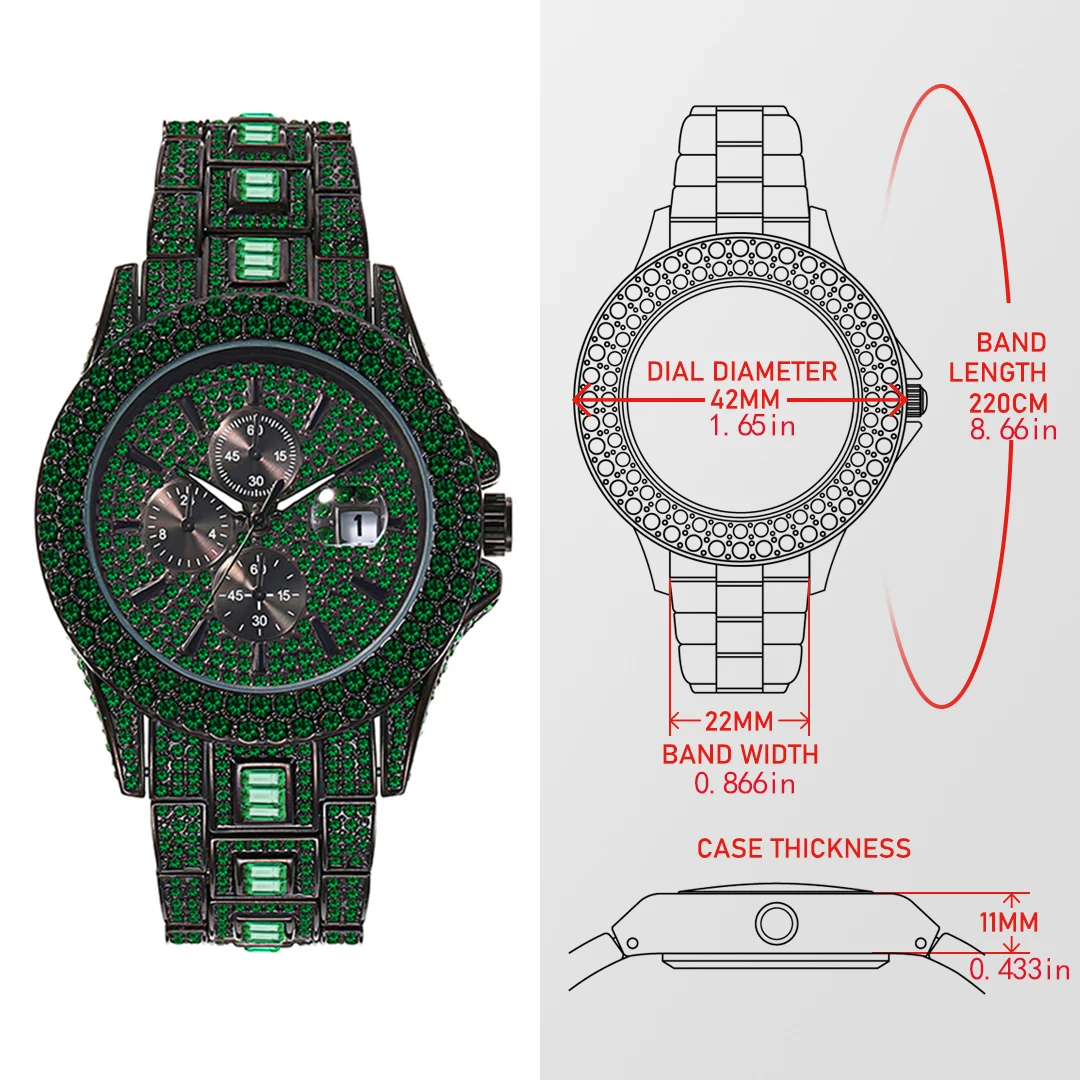 New Green Diamond Watch For Men Luxury Hip Hop Diamond Watches Unique Bling Ice Out Luminous Waterproof Clock relogios masculino images - 6