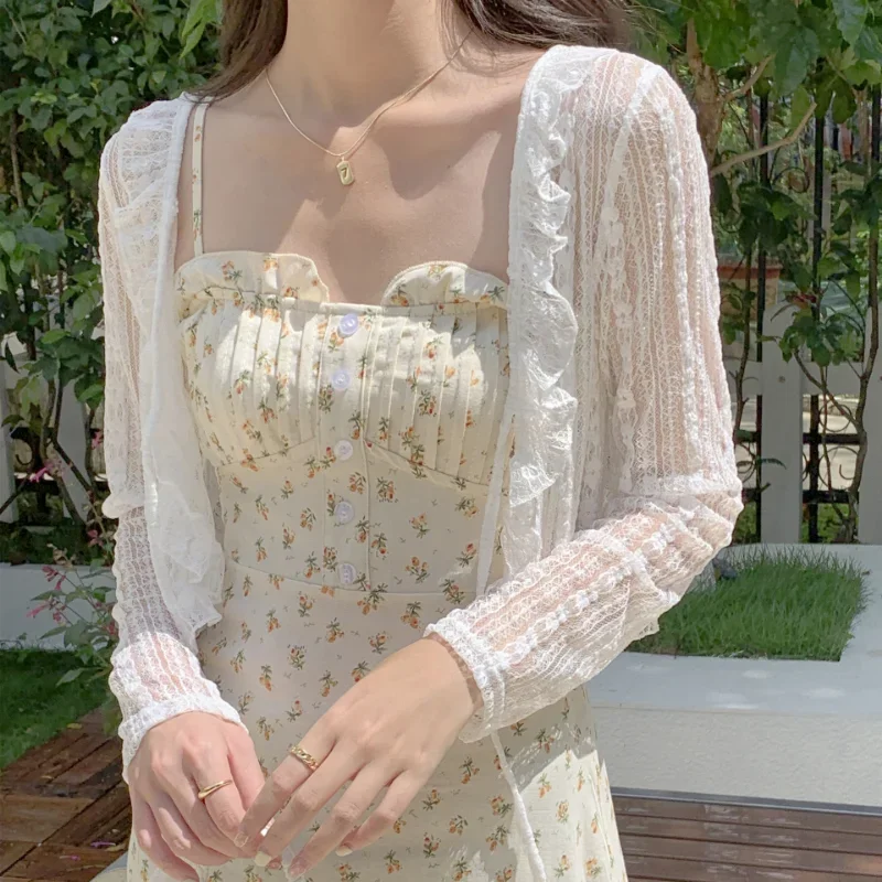 여성 여름 자외선 차단 코트 레이스 리본 러플 가디건 셔츠 여성 블라우스 탑 여성용 블루사 화이트 Y2K 한국 스타일 셔츠