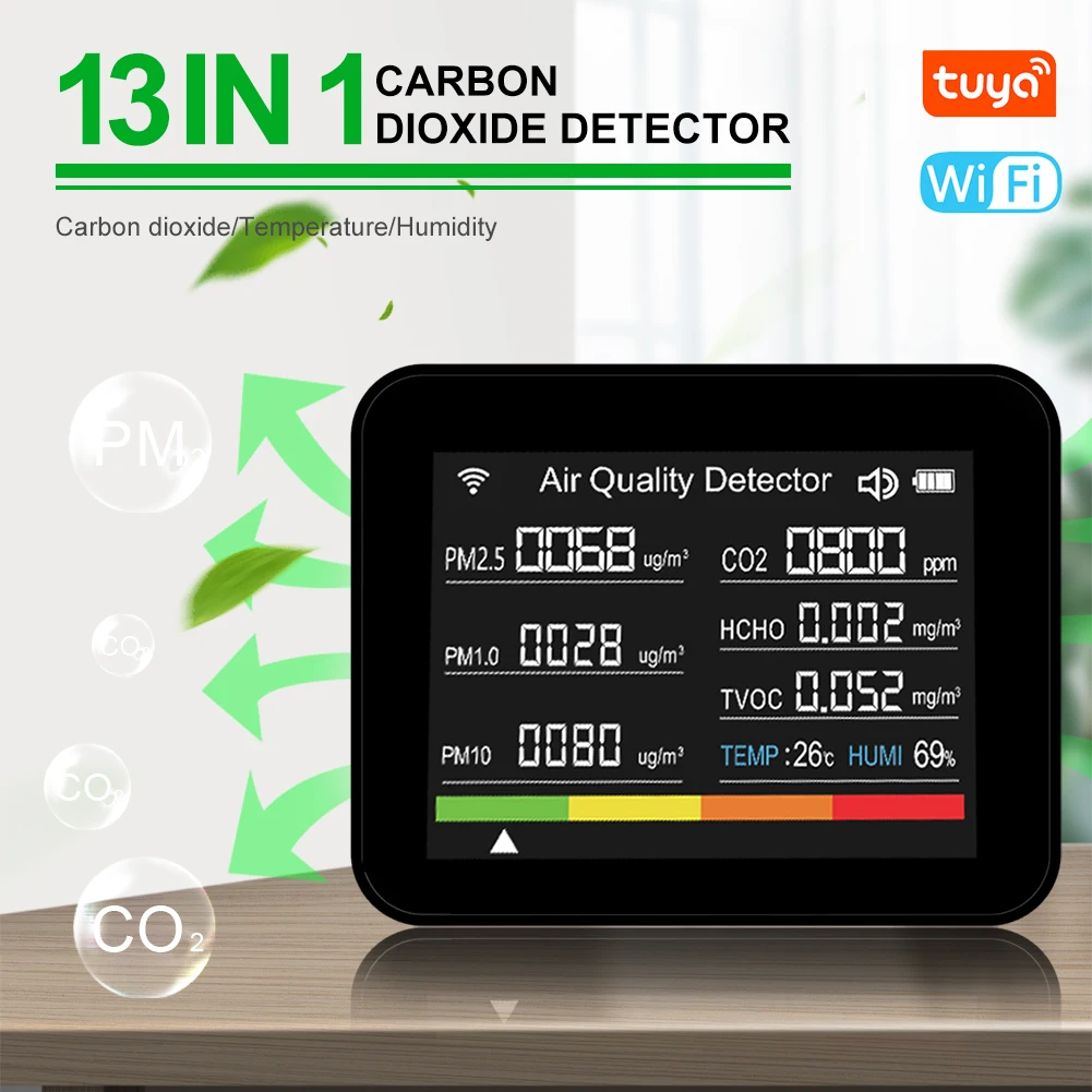 

Tuya Indoor Air Quality Tester 13in1 with WiFi Air Quality Monitor for CO2 TVOC HCHO PM2.5 PM1.0 PM10 Temperature Humidity More
