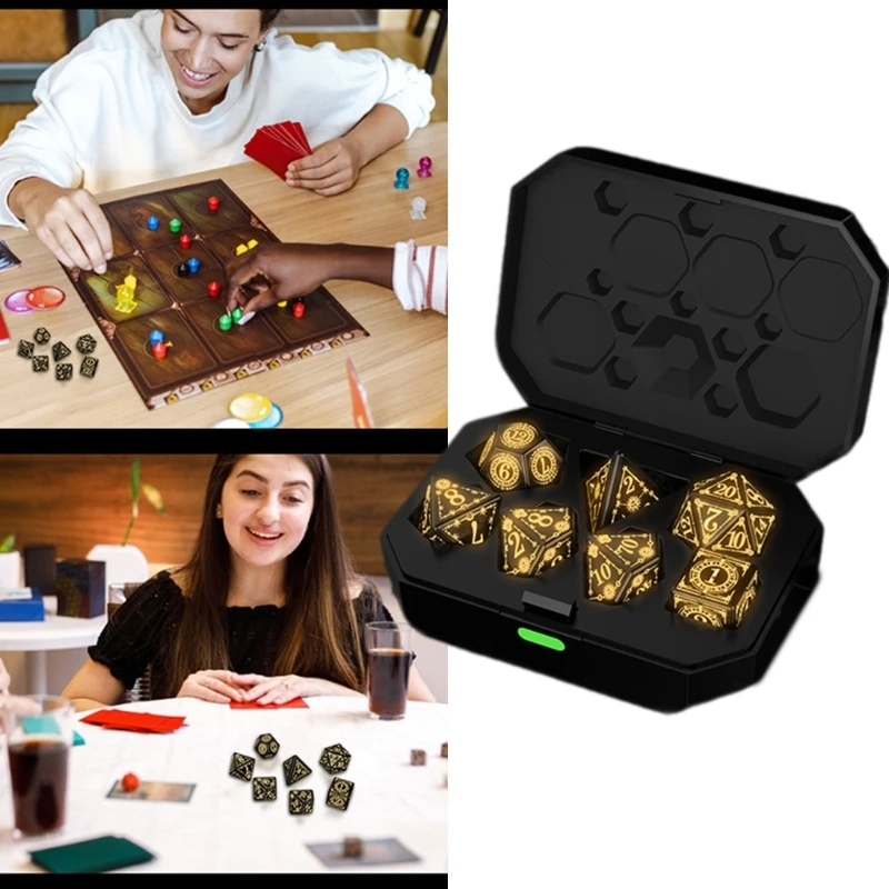 7Pcs Glowing Polyhedral Dices with Charging Box Rechargeable LED Warm Light Electronic Dices for Role Playing Table Game
