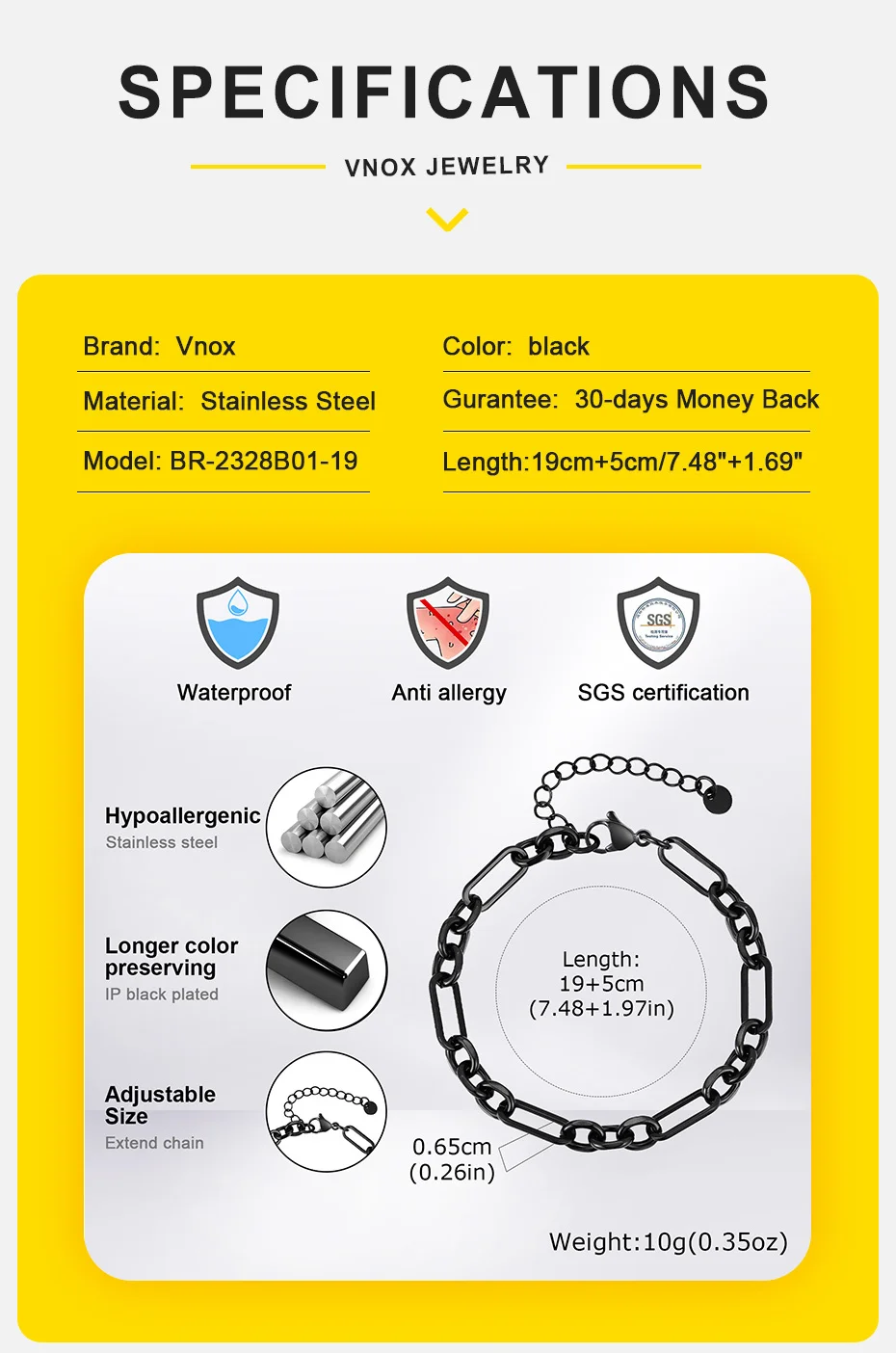 Vnox Persönlichkeits-Rolo-Gliederkettenarmbänder für Männer und Jungen, wasserdichtes Büroklammer-Kettenarmband aus Edelstahl, einfacher Herrenschmuck – Detail 5