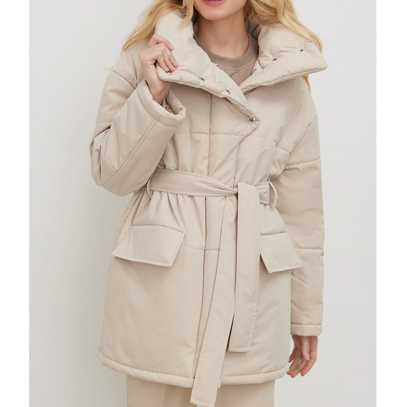 

Women Stand Collar Cotton Padded Long Jacket 2023 Autumn Winter Elegant Ladies Zipper Buttons Thick Warm Quilted Coat with Belt