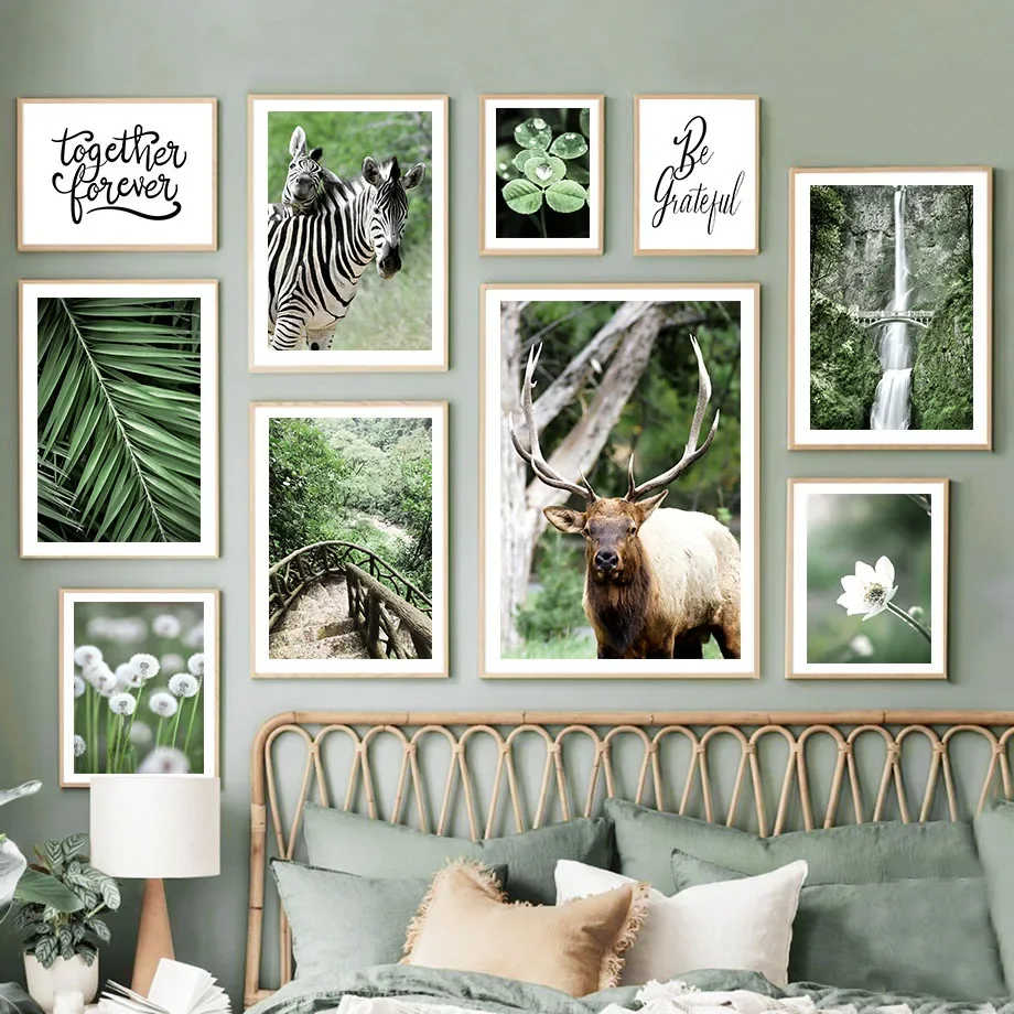 Zebra Deer Dandelion Leaf Waterfall Green Landscape Wall Art Canvas Painting Poster E Stampe Immagini Per La Decorazione Del Soggiorno