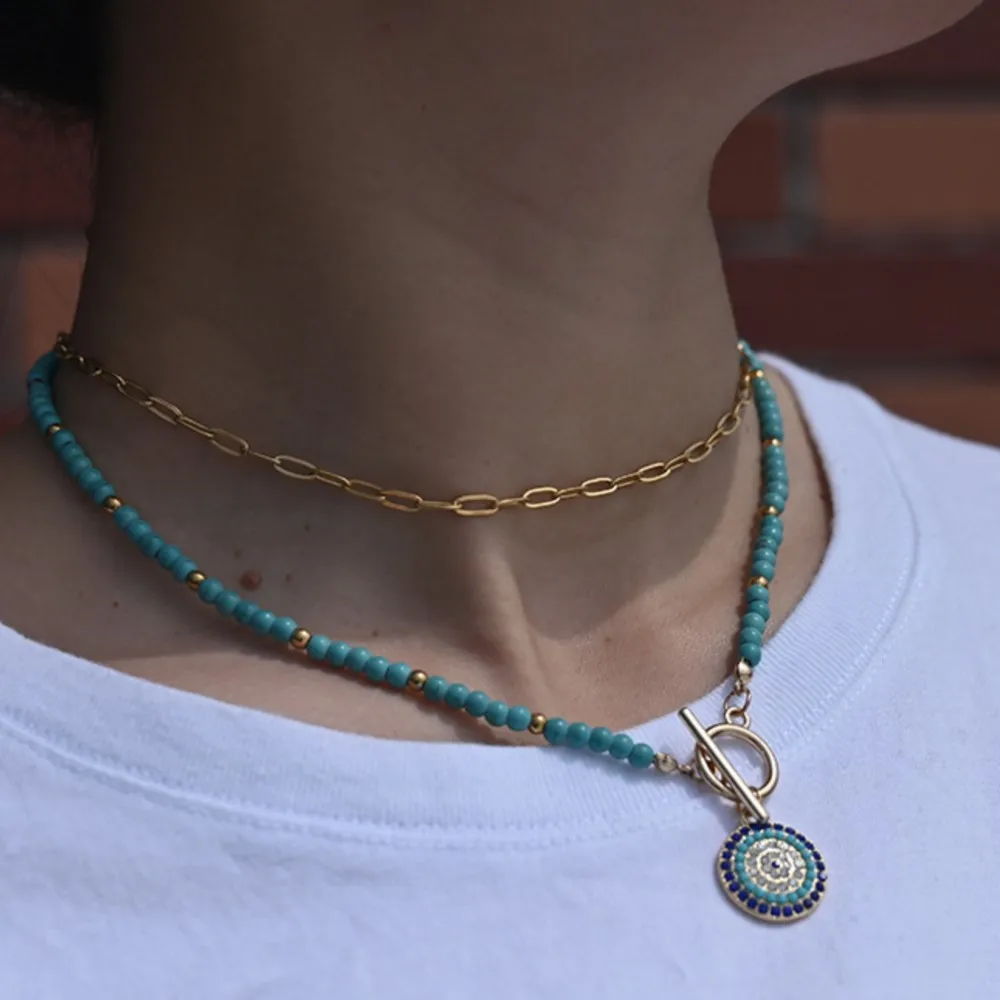 Chic 4mm Colorful Stone Round Evil Charm Pendant Necklace for Women Vintage Boho Style Beads Chain Party Jewelry Daily Wear