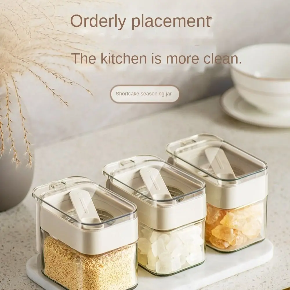 Glass Seasoning Box With Spoon Dustproof Lid Clear Countertop Spice Condiment Salt Sugar Storage Jar Container Kitchen Supplies 3