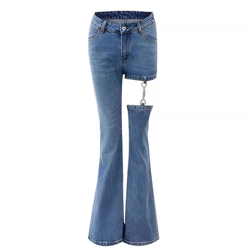 

2023 Vintage Y2k Women Flare Jeans with Detachable Leg Warmers High Waist Trousers Korean Stylish 90s Basic Solid Bootcut Pants