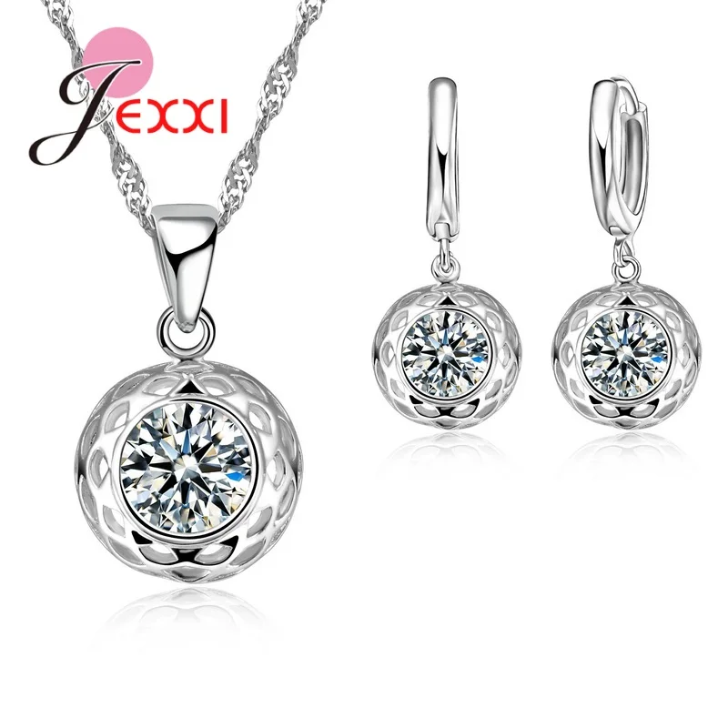 Elegant Women High Quality Silver AAA Crystal Cherry Flower Necklace & Pendent Hoop Earrings Sets For Wedding Bijoux Femme | Украшения и