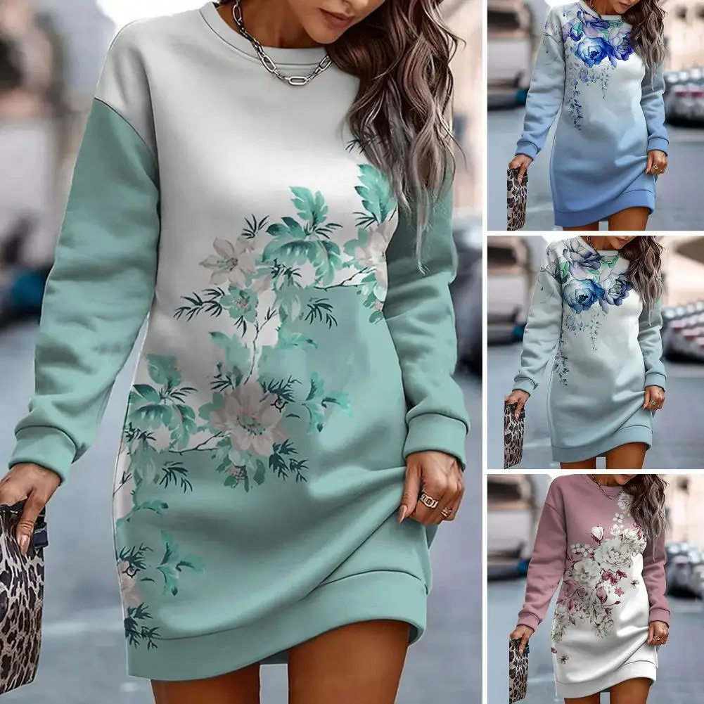 

Women Midi Dress Flower Print O Neck Long Sleeves Mini Dress for Women Autumn Winter Loose Waist Contrast Color Above Knee