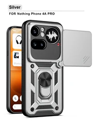 Heavy Duty Shockproof Camera Slider Phone Case with Matte Finish and Ring Holder Kickstand for Nothing Phone (4a) Pro (Silver)