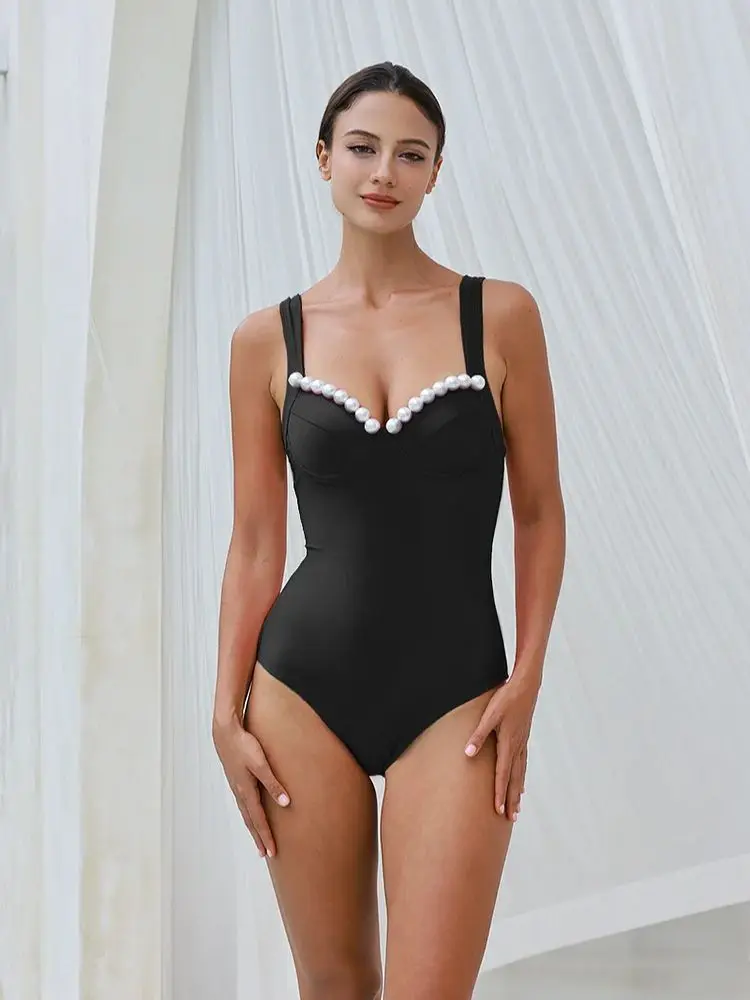 Women's Artificial Pearl Decor Black Bikini, One Piece Swimsuit and Skirt, Summer Swimwear, Beachwear, Bathing Suit, 2024