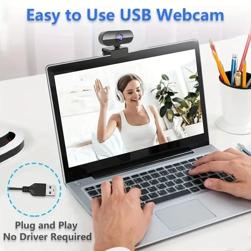Webcam 1080P per PC, telecamera USB girevole senza driver con microfono per computer desktop, per videochiamate e conferenze - immagine 2