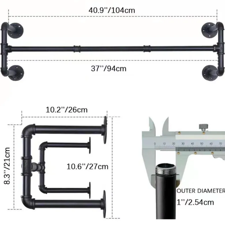 Barra de ropa negra de pared,Barra industrial para colgar ropa de  pared,Perchero de ropa para tienda de ropa (tamaño : 60 × 10.2 in)