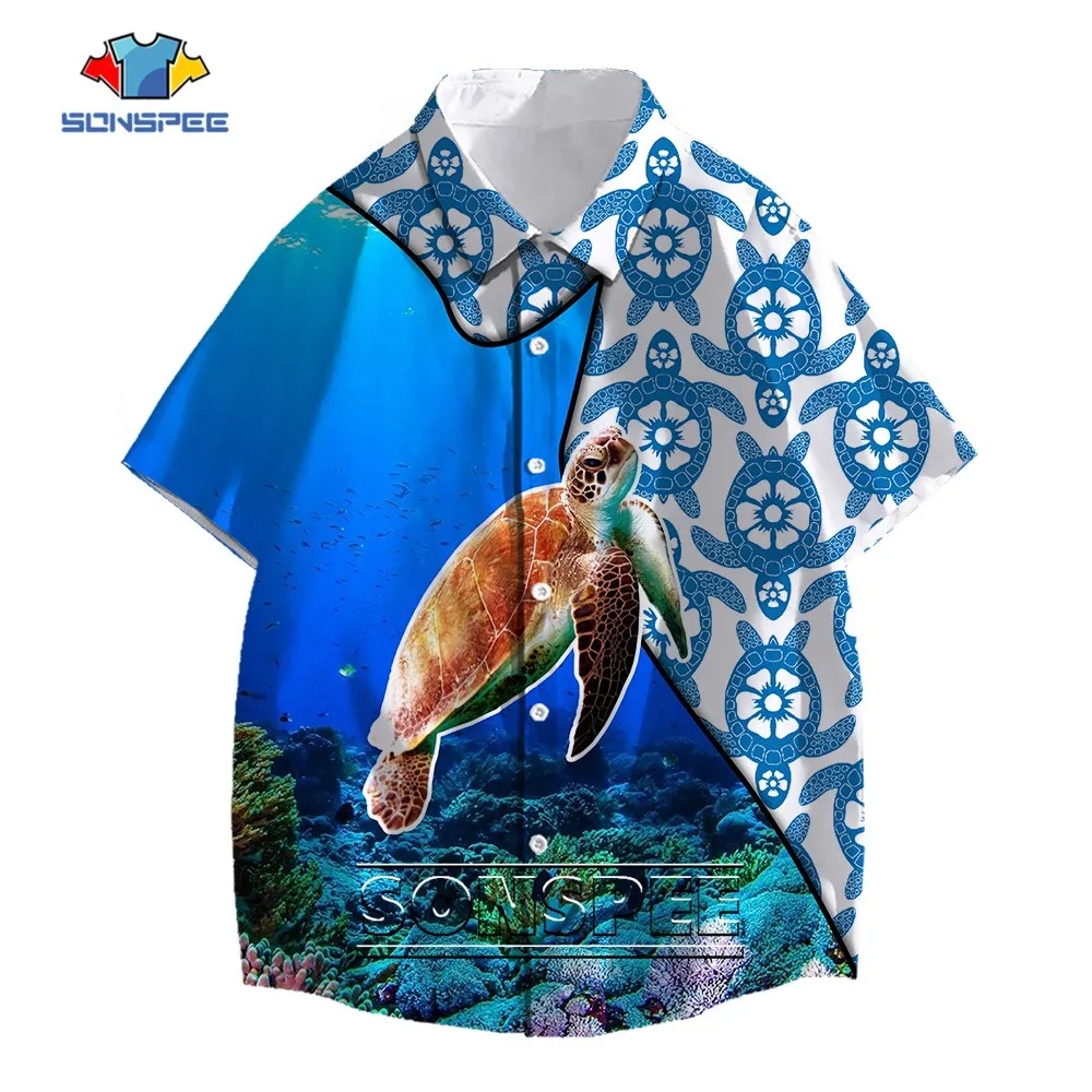 SONSPEE New Marine Animal 3D Print Hip Hop Hawaiian Shirt Men Women Sea Turtle Graphic Oversize Shirt Short Sleeve Blousers