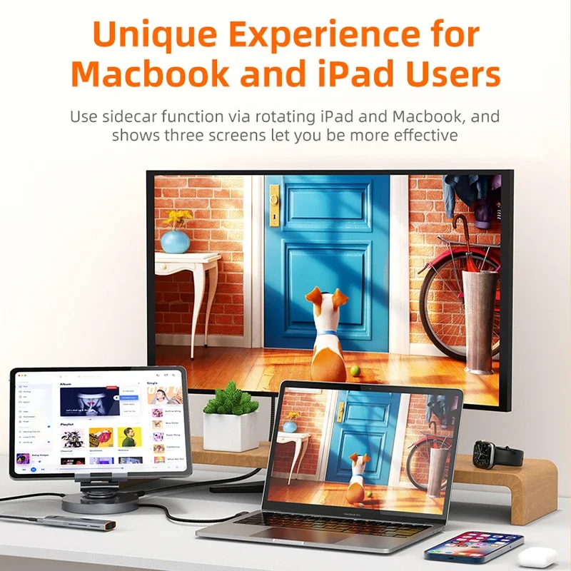멀티 USB C 허브 360 회전 스탠드, 아이패드 프로 태블릿 C441 용, HDMI 4K 60Hz PD 100W USB 5Gbps SD TF Aux 3.5mm, 8 in 1