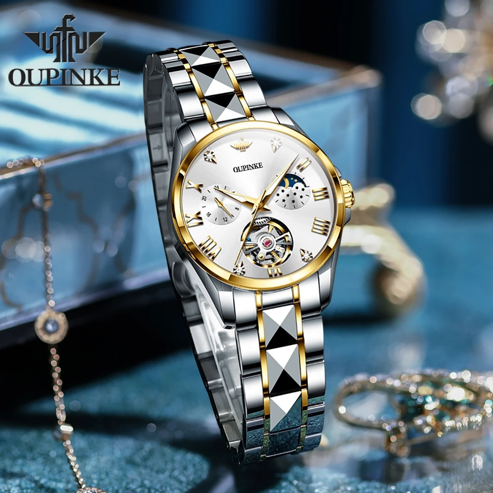 OUPINKE 3202 Woman's Watch Hollow Luxury Waterproof Moonswatch Mechanical Watch For Women Roman Scale Classic Ladies Wristwatch