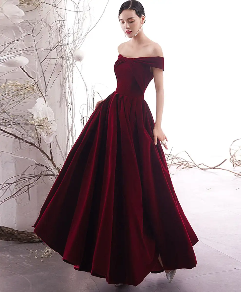 

Elegant Short Burgundy Velvet Evening Dresses With Pockets فساتين السهرة A-Line Off Shoulder Ankle Length Prom Dress for Women
