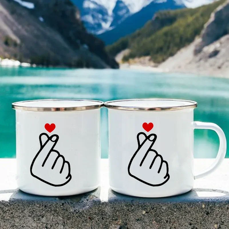 

Than Heart Print Camping Mugs Enamel Cups Tourist Water Coffee Tableware Picnic Outdoor Travel Heatable Cooking Cookware Hiking