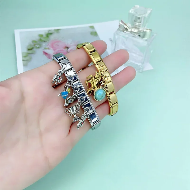Charm Bracelet 9mm Width Daisy Horse Heart Boy Girl Trophy Italian Stainless Steel Fit Bracelet Jewelry Making