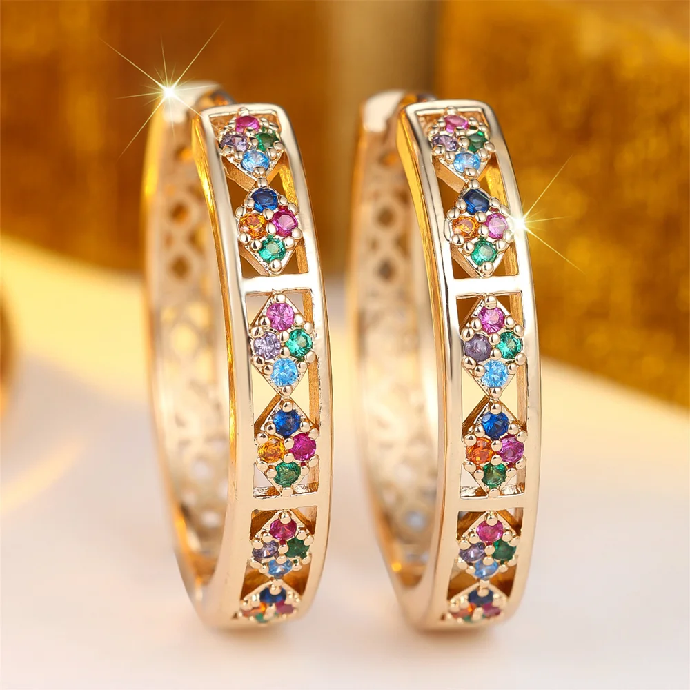 Multicolor Small Round Stone Rainbow Zircon Hoop Earrings For Women Vintage Gold Color Ear Buckle Wedding Jewelry Valentine Gift