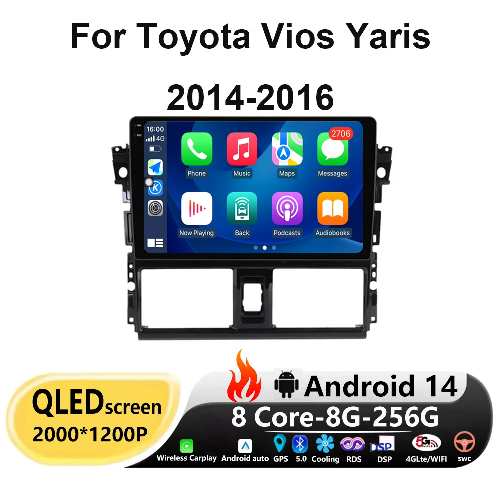 

Android 14 Auto Carplay For Toyota Vios Yaris 2014-2016 Multimedia Video Player Navigation screen Car Radio DSP BT GPS NO 2Din