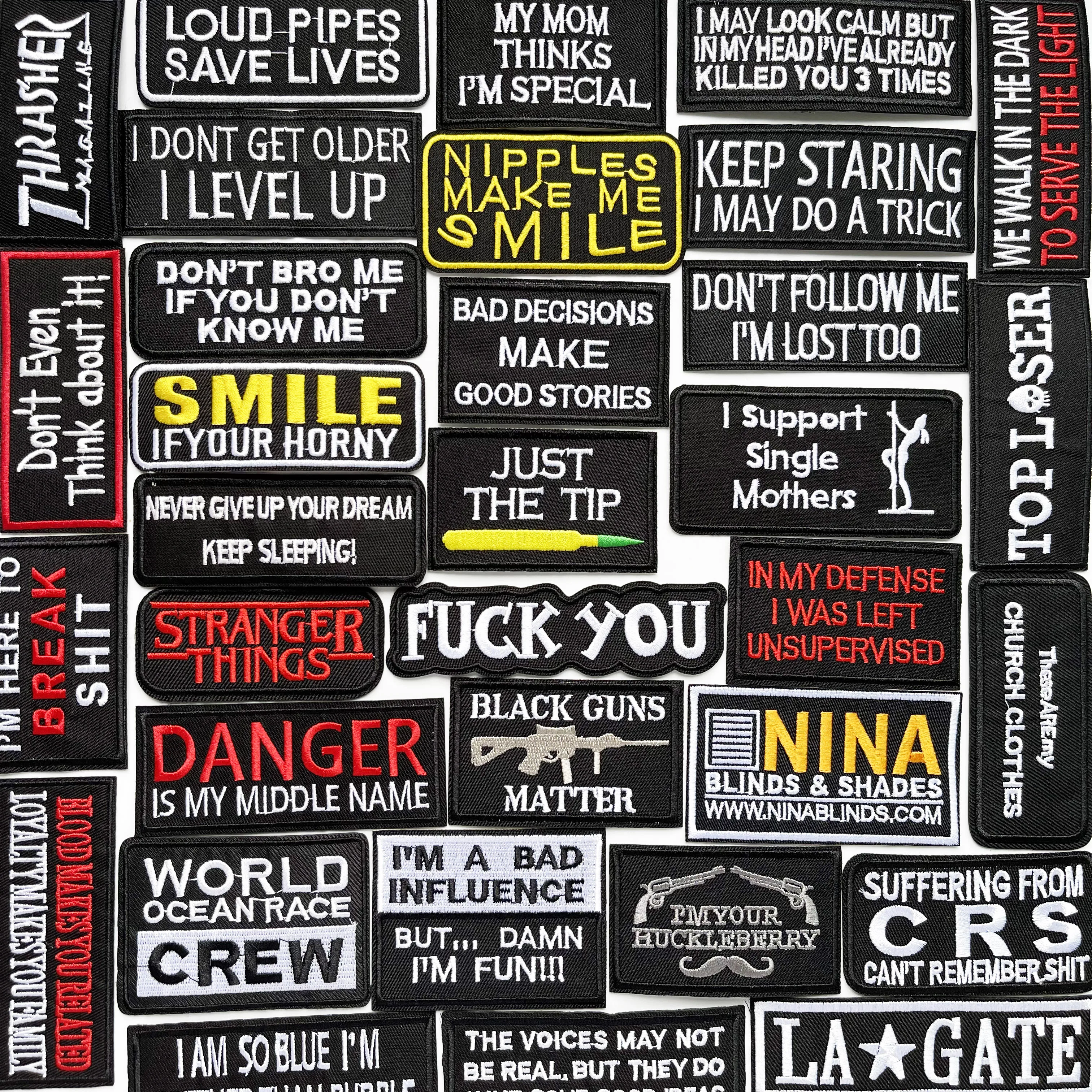 

Letter BannerEmbroidered Patches For Clothing black red yellow Embroidered Iron On Patches DIY Jackets Sew Sticker