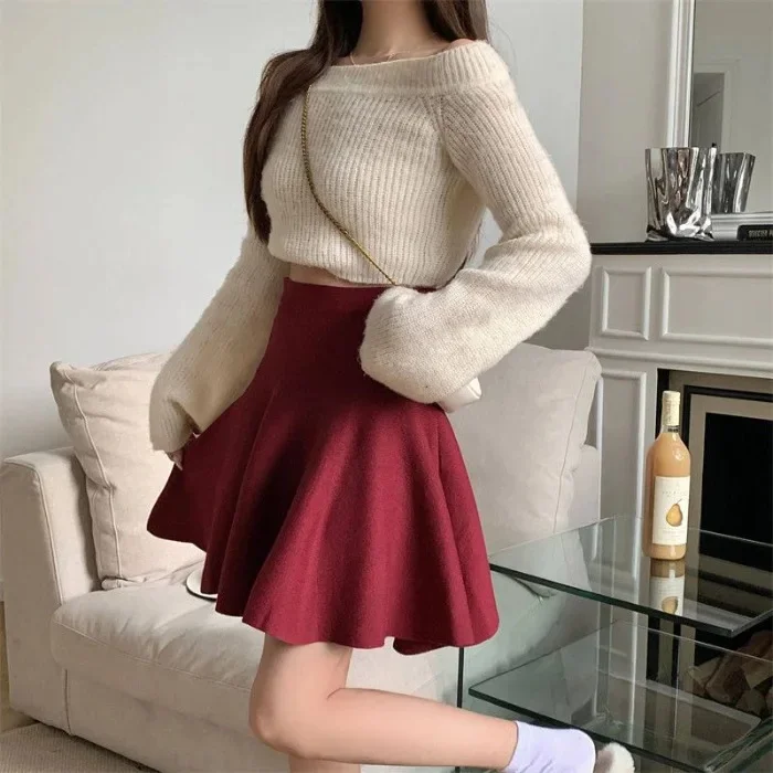 High Waist A- Line Knitted Mini Skirt for Women Autumn Winter New Style Wool Blend Slimming Versatile Anti-Light Skirts