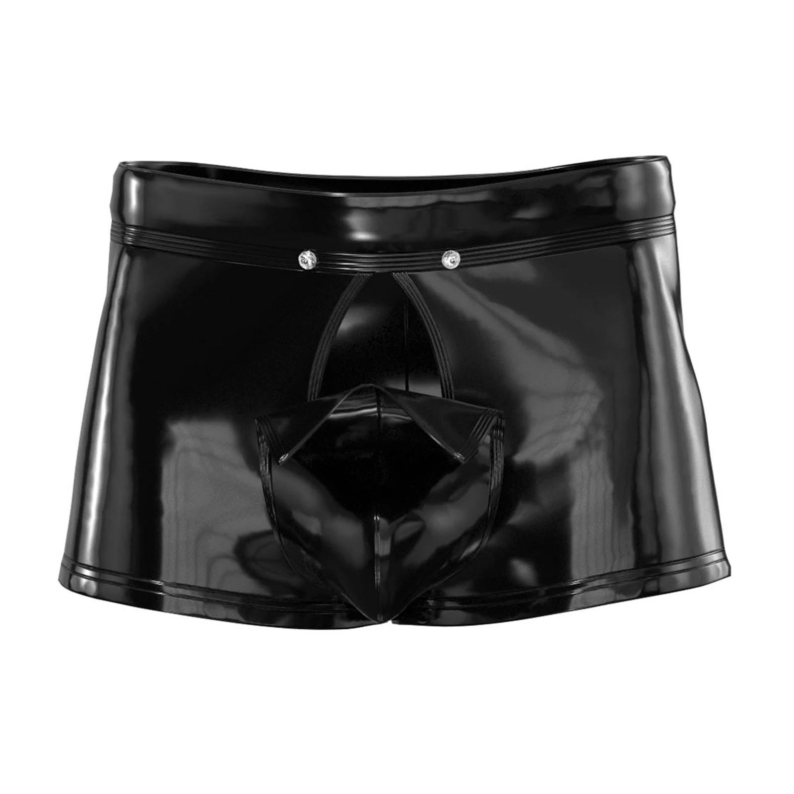 thumbnail image 1 of Lencería masculina, pantalones cortos de látex de charol, de entrepierna abierta, ropa interior tipo bóxer, cintura elástica, cremallera, botones, ropa de dormir, 1 of 5