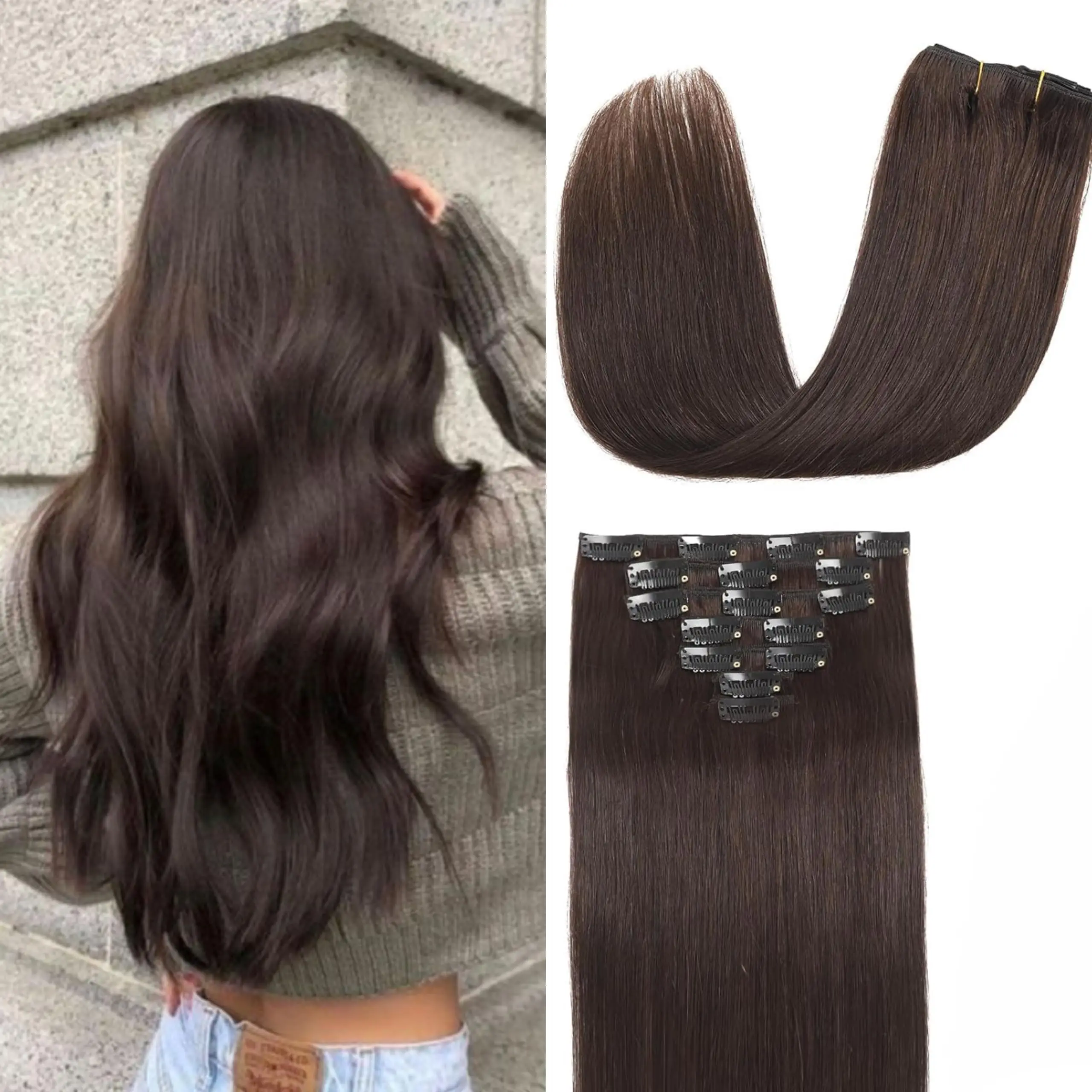 

#2, коричневые накладные волосы на заколке, человеческие волосы, бразильские натуральные волосы, машинное изготовление, шелковистые прямые человеческие волосы на заколке, 20 и 22 дюйма