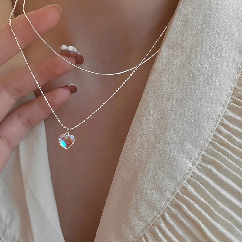 Silver Color Double Love Heart-shaped Moonstone Pendant Necklace Women Gradient Gemstone Clavicle Chain Couple 10