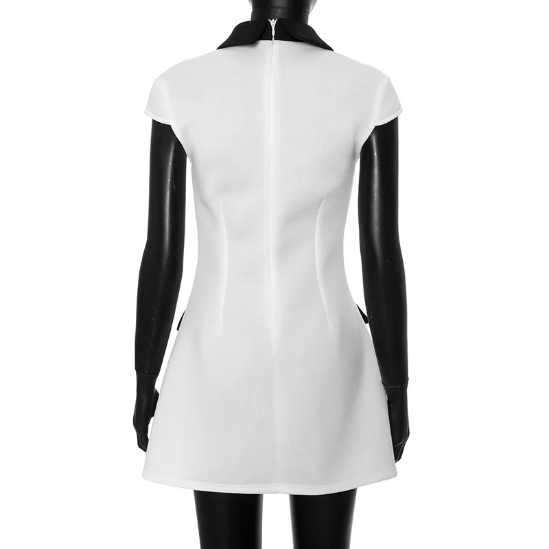 Vestido mini de verano con contraste para mujer, cintura alta, patchwork, solapa, ajustado, elegante, estilo urbano
