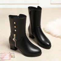 Winter Padded Cotton Shoes Women Plush Soft Leather Long Boot Warm High-heel Fur High Knee Riding Mid-heel Boots Comfortable - Image 2