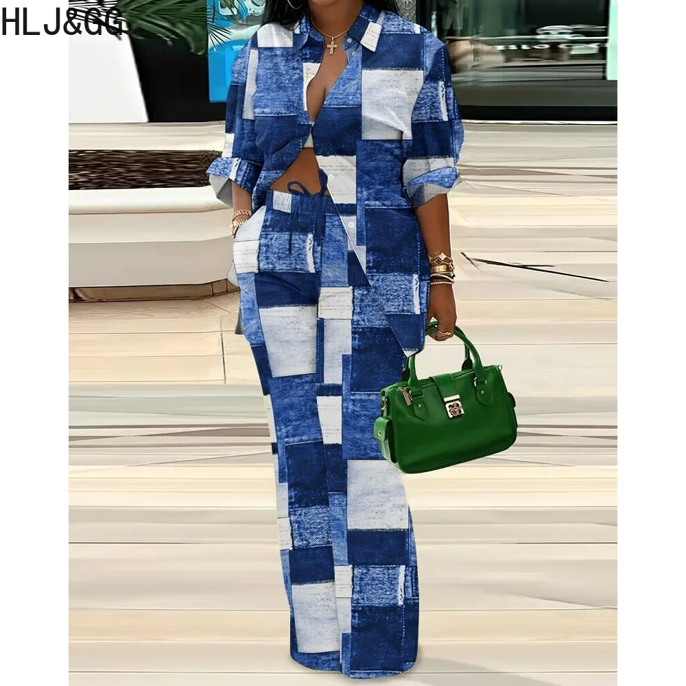 HLJ&GG Casual Autumn Color Plaid Print Two Piece Sets Women Turndown Collar Long Sleeve Shirts+Wide Leg Pants Outfits Streetwear